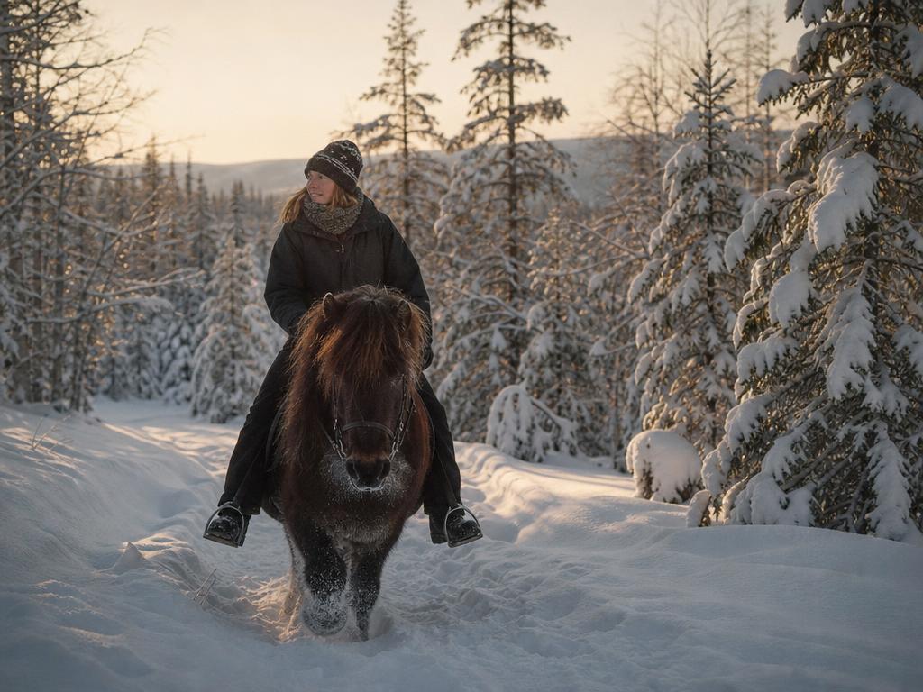 Rider on horseback moving through deep snow in a quiet winter forest clearing.