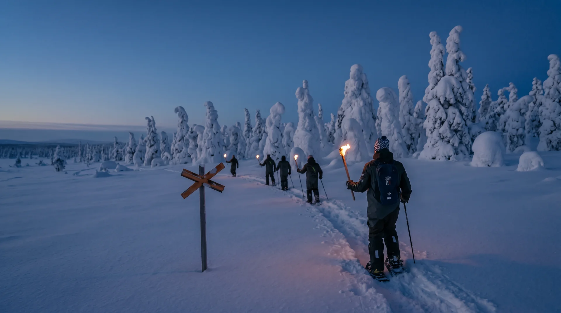 Snowshoe hikers walking through deep powder snow between frost-covered pine trees.